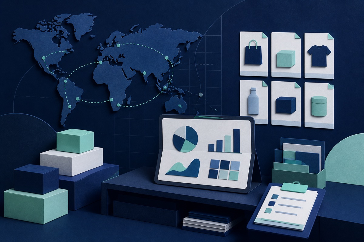 Editorial illustration of parcels, product cards, global routes, and abstract reporting charts