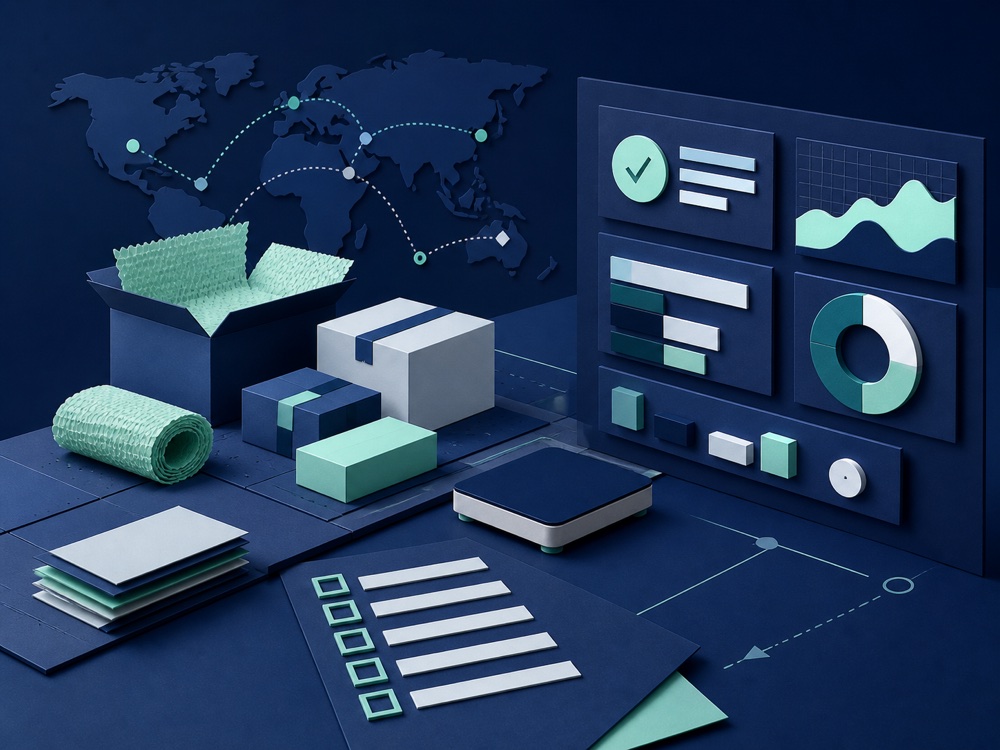 Editorial illustration of parcels, protective packaging, route lines, and abstract reporting panels
