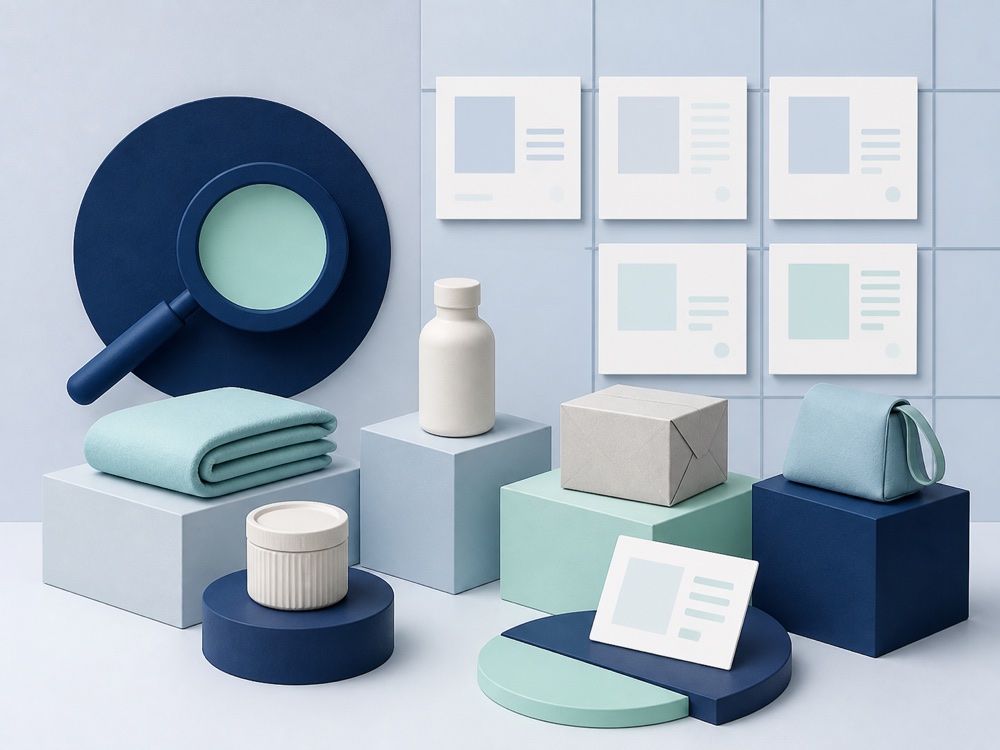 Editorial illustration of unbranded product forms arranged for catalog review
